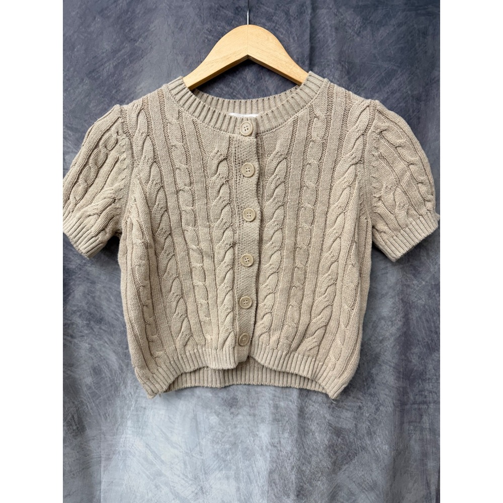 Soft Girl Beige Cable Knit Short Sleeve Cropped Cardigan Sweater Womens XS